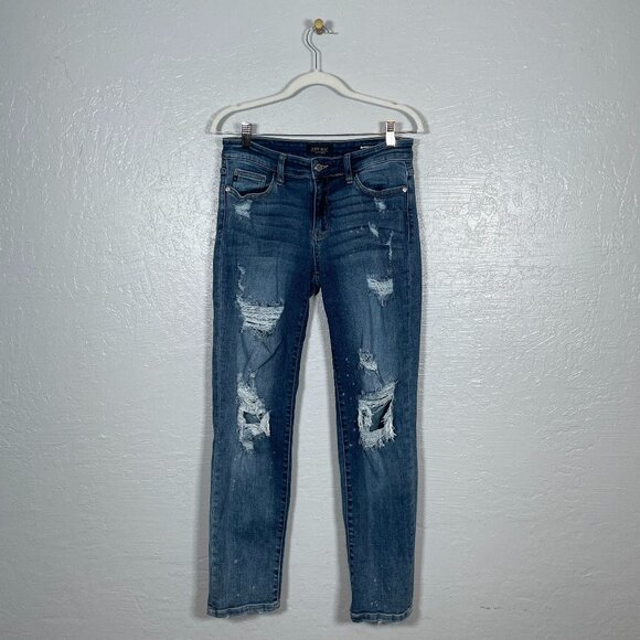 Judy Blue Jeans Women 7/28 Boyfriend Fit Distressed Mid-Rise Medium Wash Denim - Picture 1 of 10